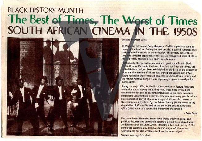 Vancouver Black History Month - South African Cinema Of The 1950s.