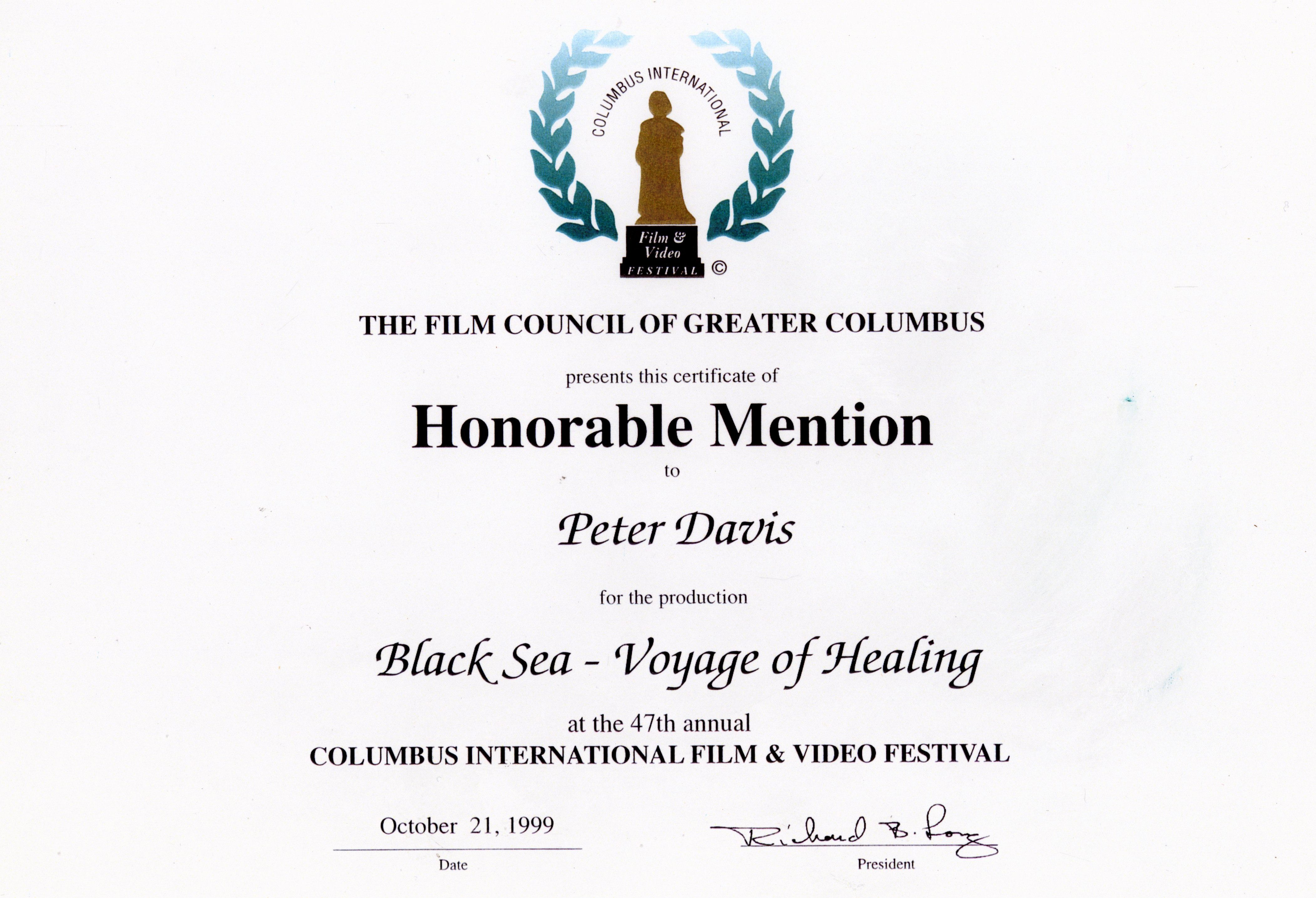 Black Sea Voyage Of Healing - Award - Columbus Film Festival.