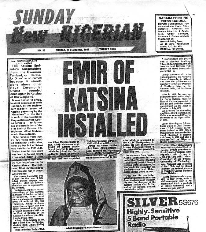 News clipping about the Emir of Katsina Inaguration.