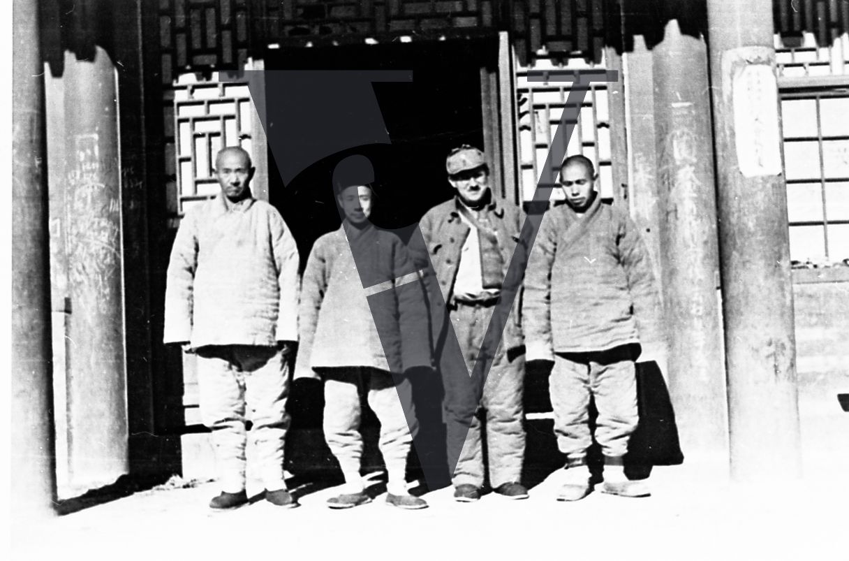 China, Yenan, Wilbur J. Peterkin, three Chinese servicemen, portrait, full shot.