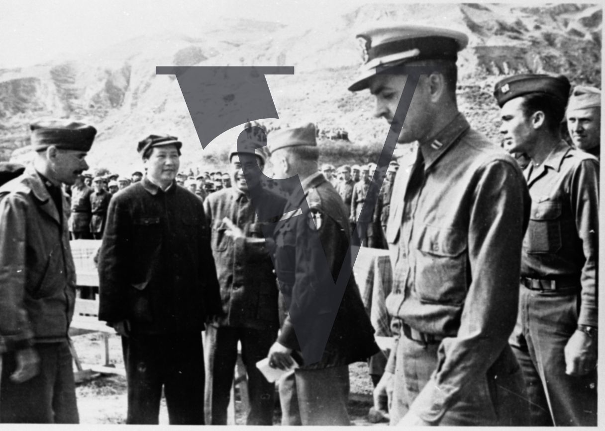 China Yenan, Wilbur J. Peterkin, Mao Zedong, Zhu De, Colonel David D. Barrett, US officials, guerrillas,  landscape, mid-shot.