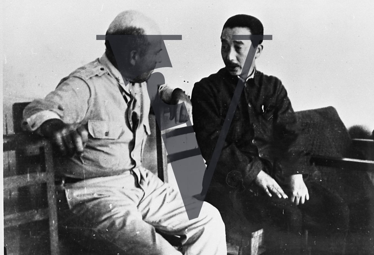 China, Yenan, Colonel David D. Barrett and Sanzō Nosaka in conversation, JPEL, mid-shot.