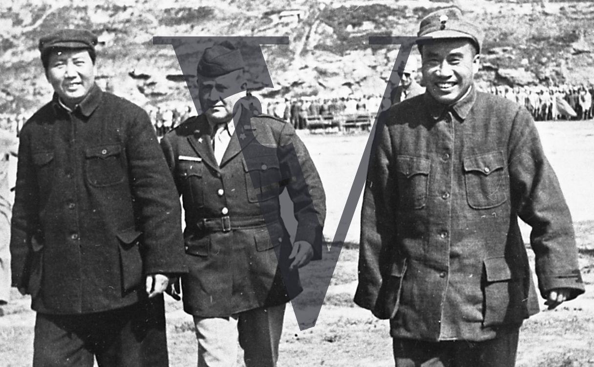 China, Yenan, Mao Zedong, Colonel David D. Barrett, Zhu De, smiling, servicemen, landscape, mid-shot.