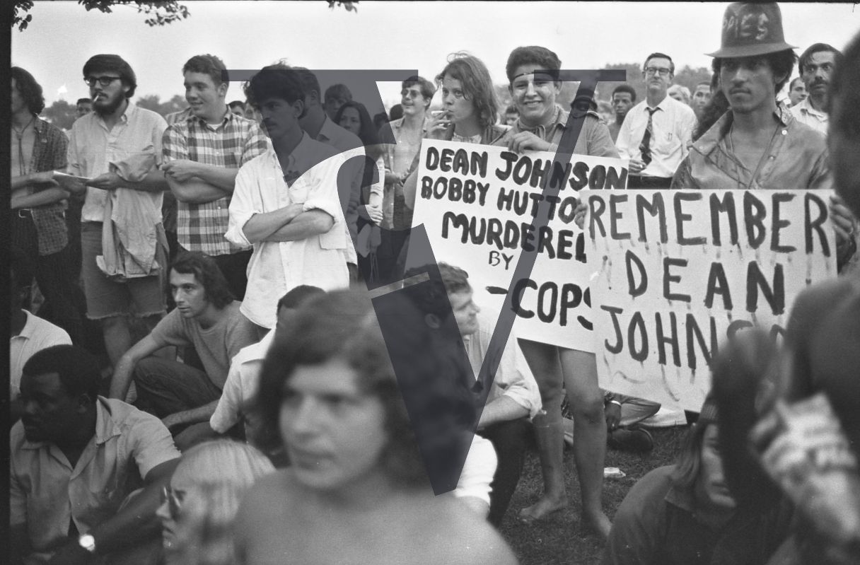 Chicago, Anti-war rallies in Lincoln Park, placards read remember Dean Johnson and Bob Hutton.