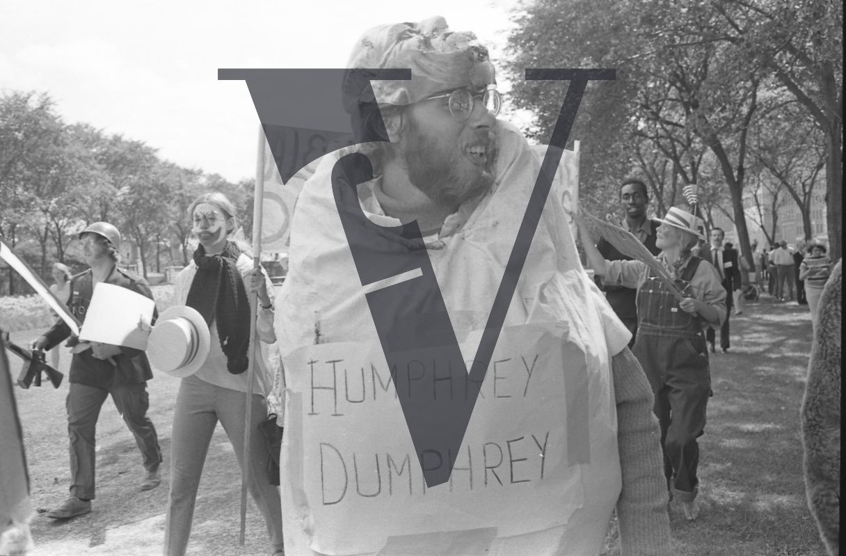 Chicago, Anti-war rallies in Lincoln Park, protestor in Humprey Dumphrey outfit.