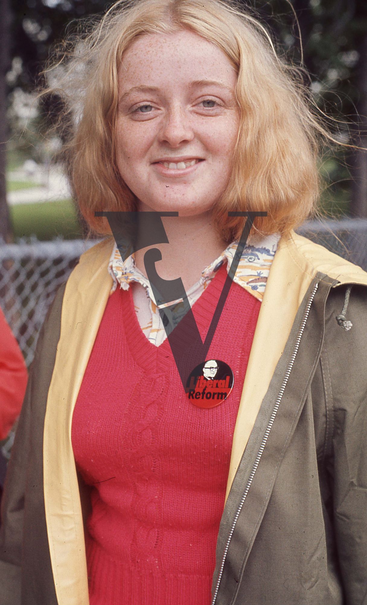 Newfoundland, Girl smiles with Joey Smallwood, Liberal Reform button.