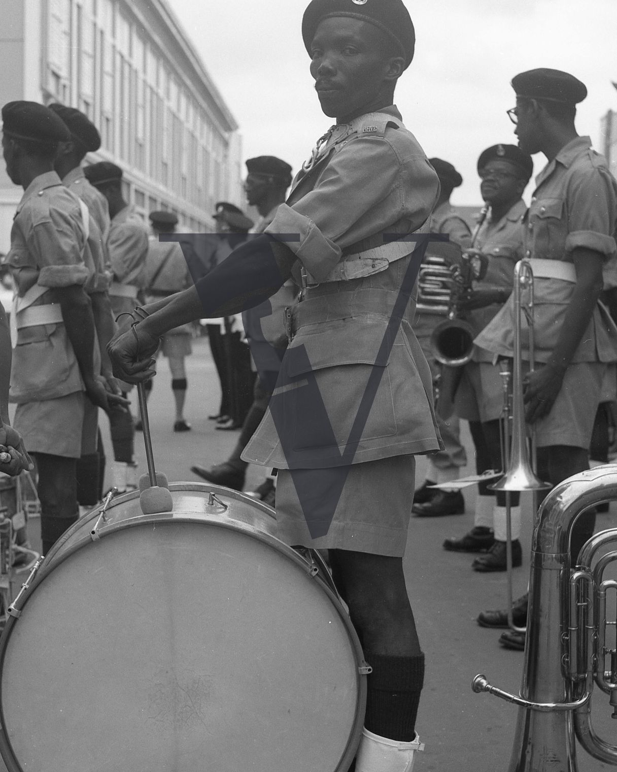 Belize, parade, soldiers in uniform, guns, military band, drums.