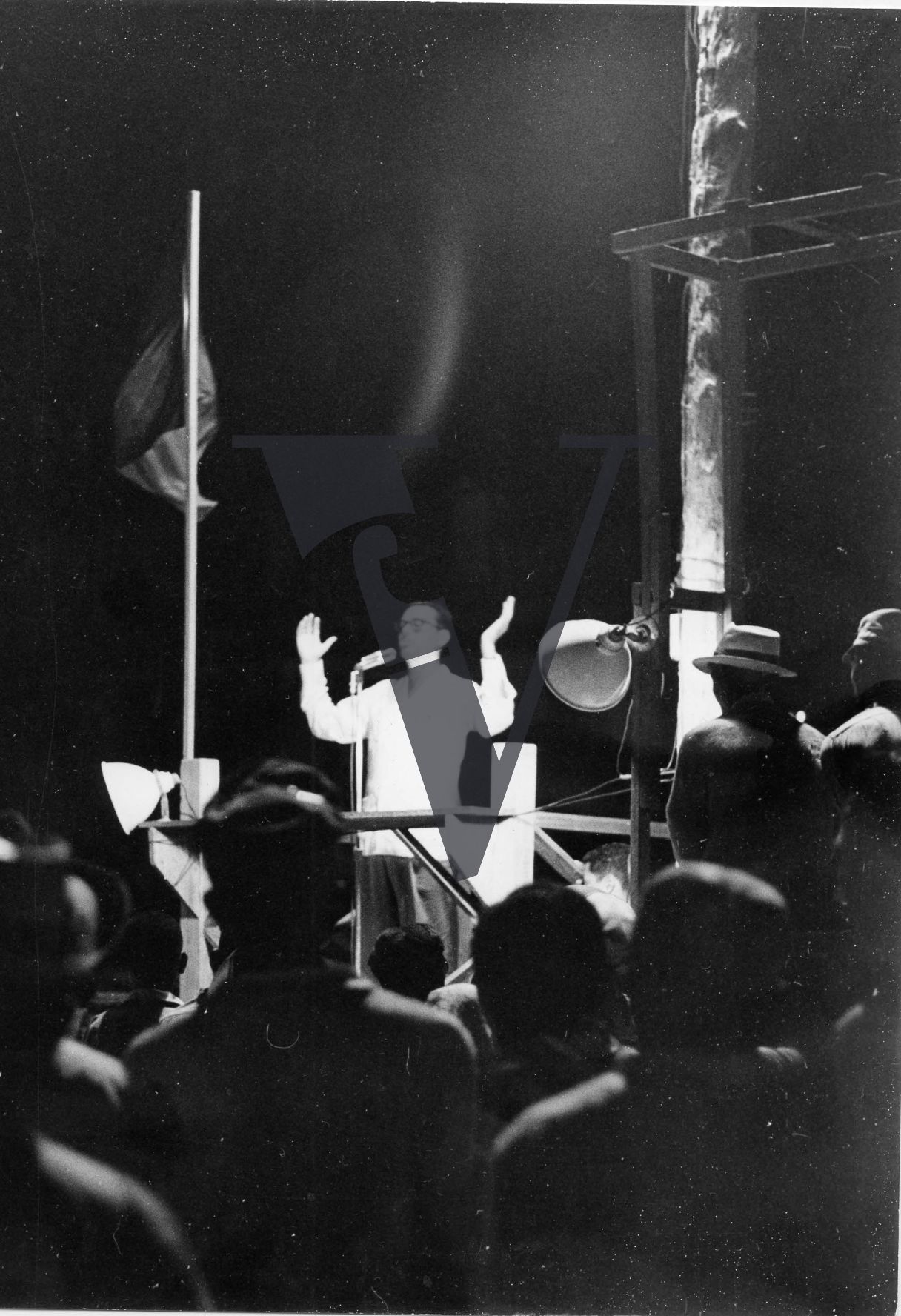 Belize, George Cadle Price, election meeting, on podium, in crowd.