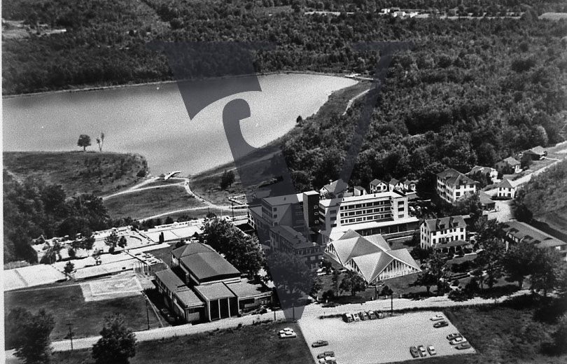 Lakeside hotel, lake, aerial shot.