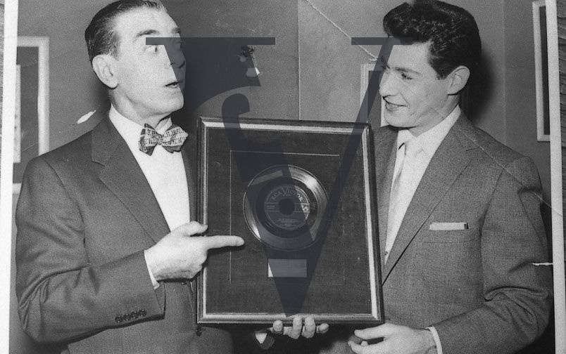 Eddie Fisher and Eddie Cantor with gold disc, RCA Victor, mid-shot.