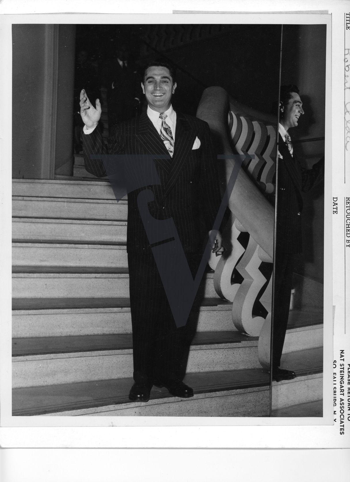 Robert Alda, actor, staircase, waving, portrait, full shot.