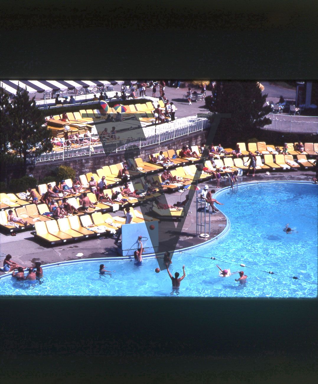 Hotel pool, bathers, aerial shot.