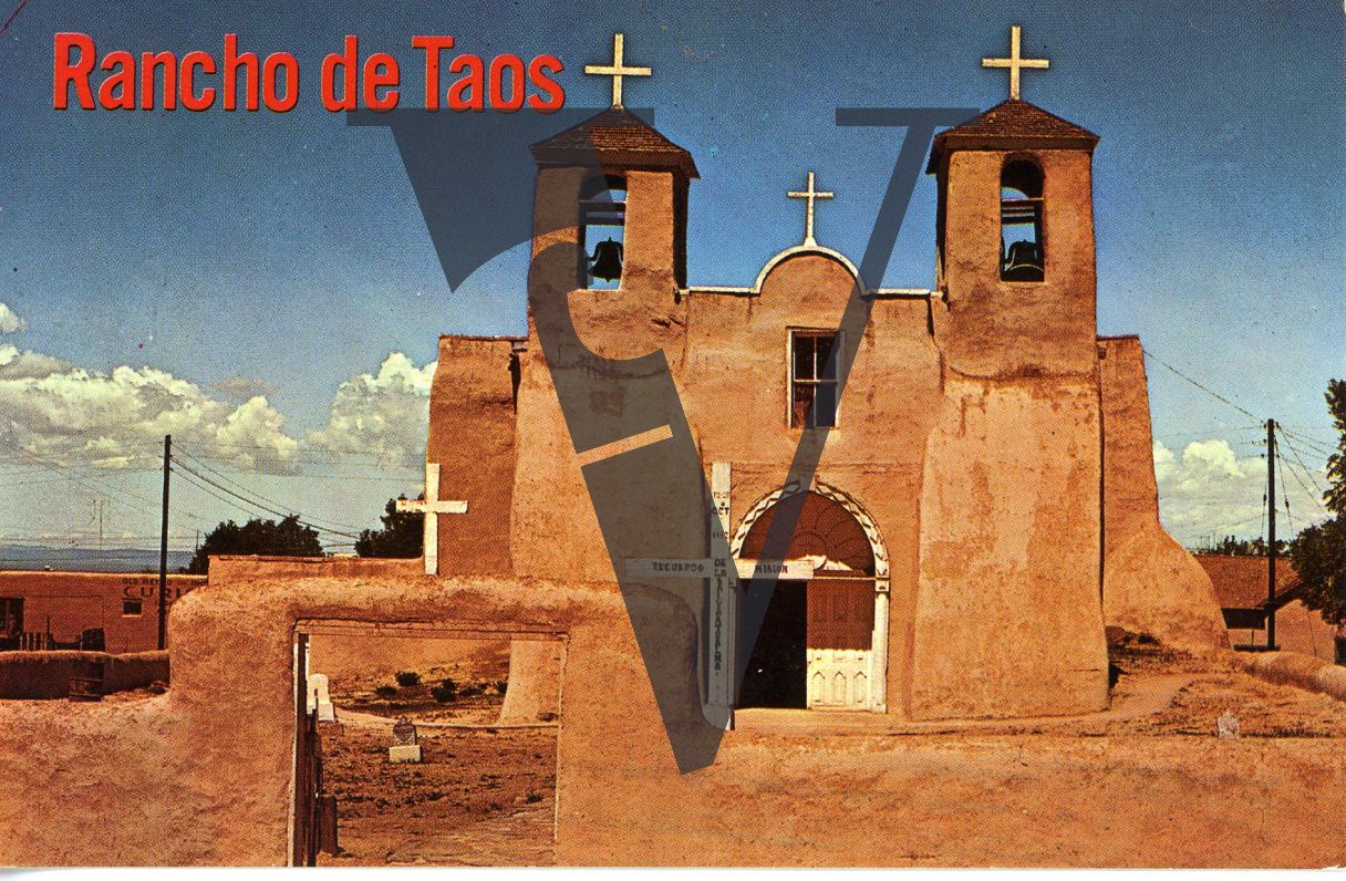 Taos, New Mexico, Rancho de Taos, Postcard, church.
