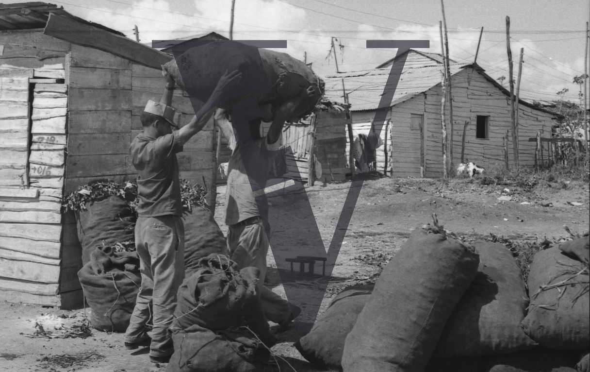 Dominican Republic, houses, two men with sacks on heads.