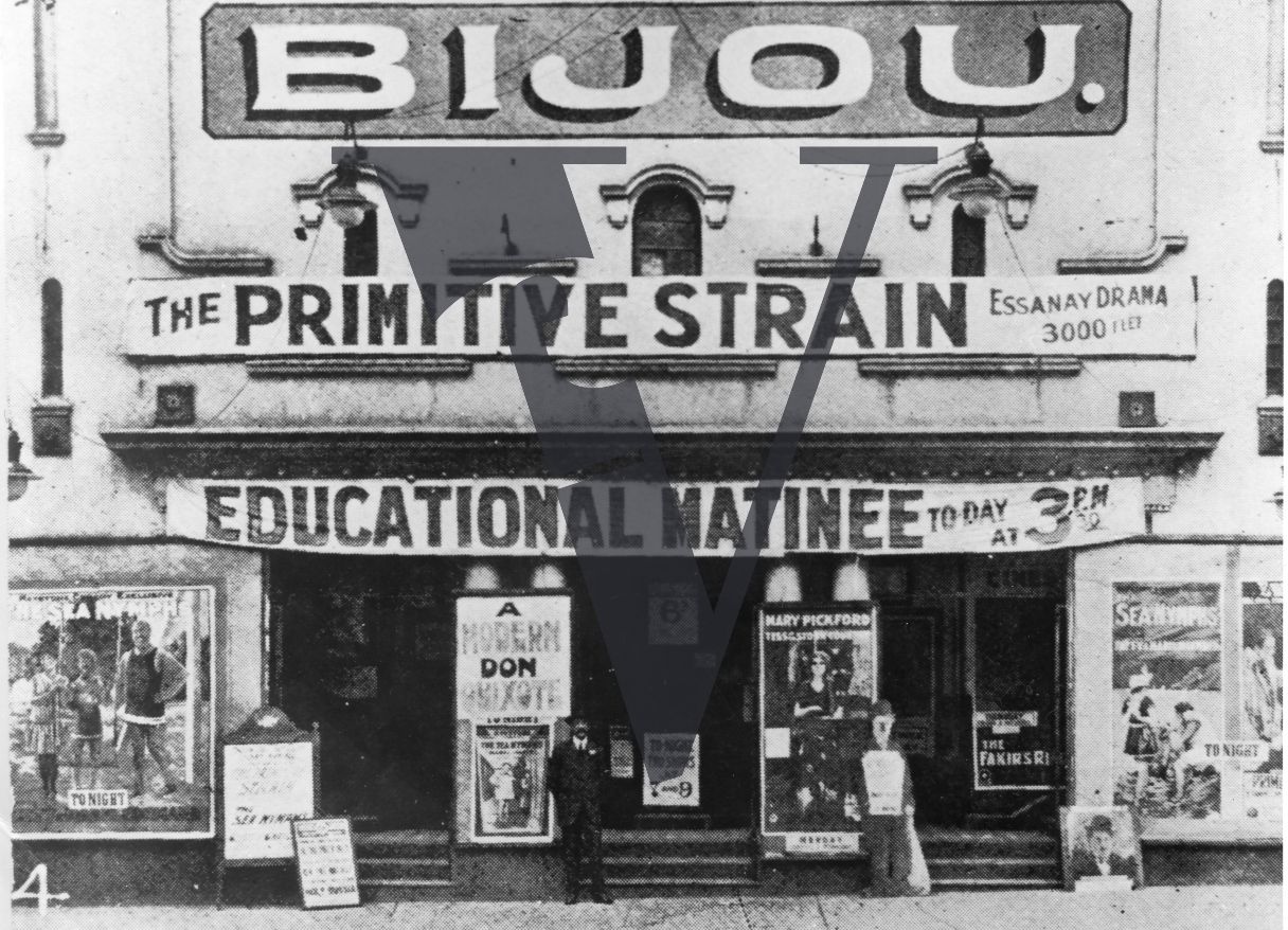 Bijou Cinema, exterior, The Primitive Strain, Edcuational Matinee posters, Johannesburg.
