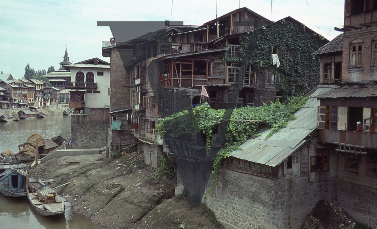 Kashmir, Srinagar buildings and waterfront.