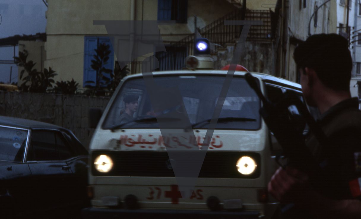 Lebanon, US Embassy Bombing, April 18, Beirut, Ambulance in the gloom.