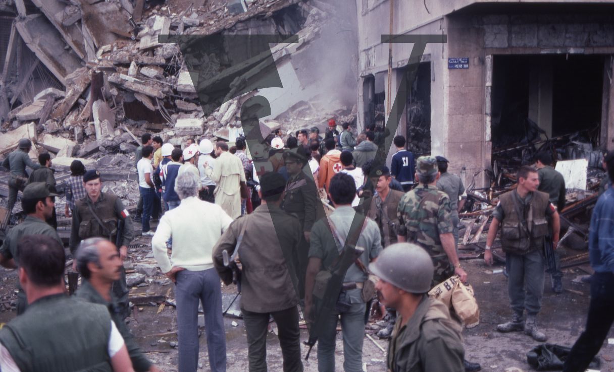 Lebanon, US Embassy Bombing, April 18, Beirut, Red Cross medics attend the scene, destruction.