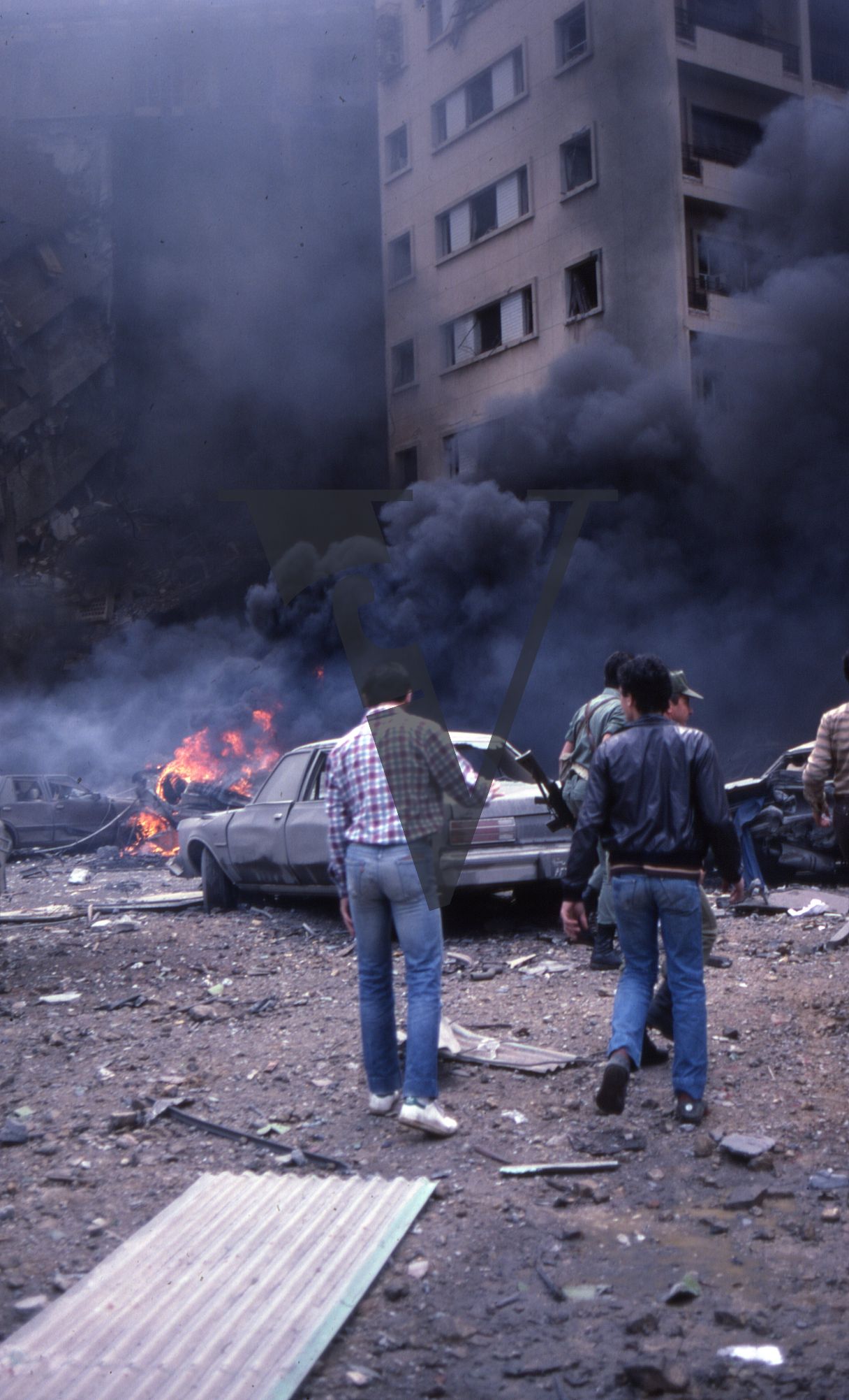 Lebanon, US Embassy Bombing, April 18, Beirut, black smoke and destruction.