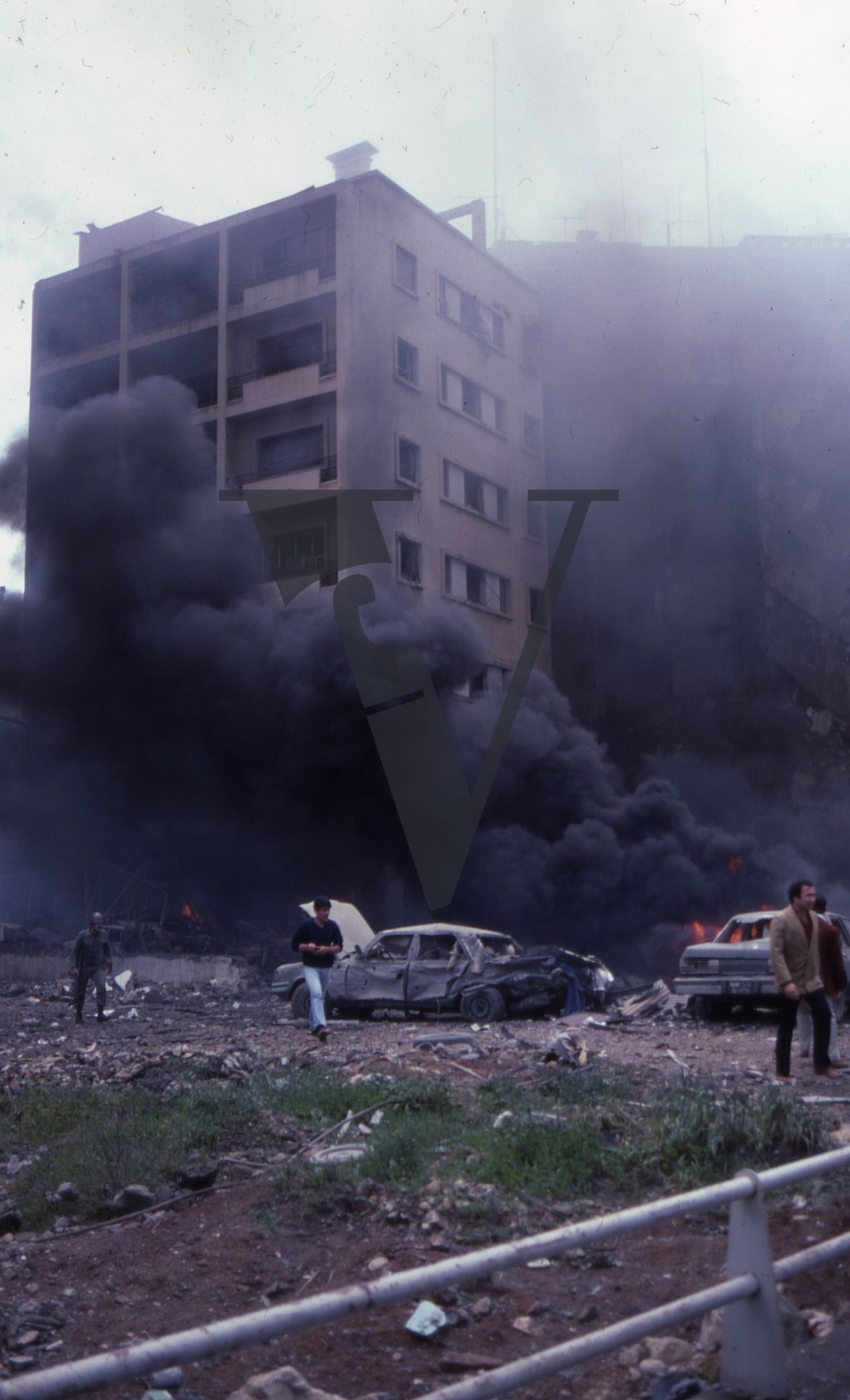 Lebanon, US Embassy Bombing, April 18, Beirut, black smoke from burning cars.