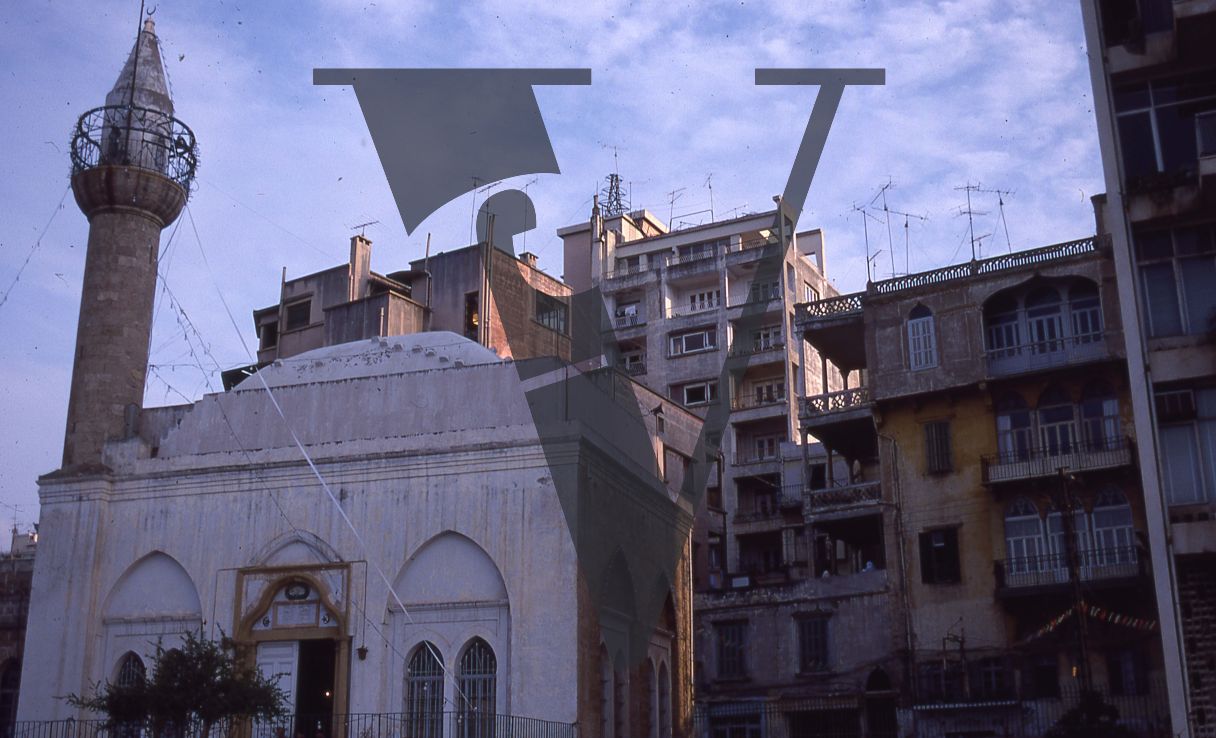 Lebanon, Beirut, Mosque side-view, apartment buildings, TV aerials.