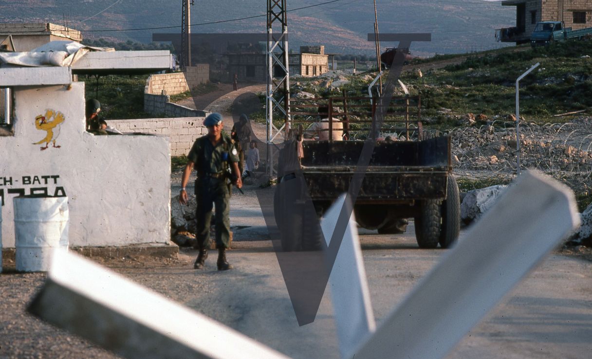 Lebanon, South of Beirut, United Nations checkpoint, armed soldier and military vehicle.