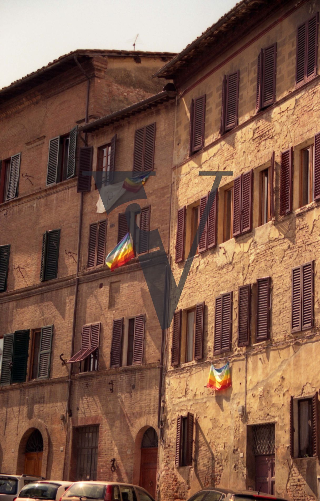 Italy, Bandiera per la Pace, Siena, flag in window.