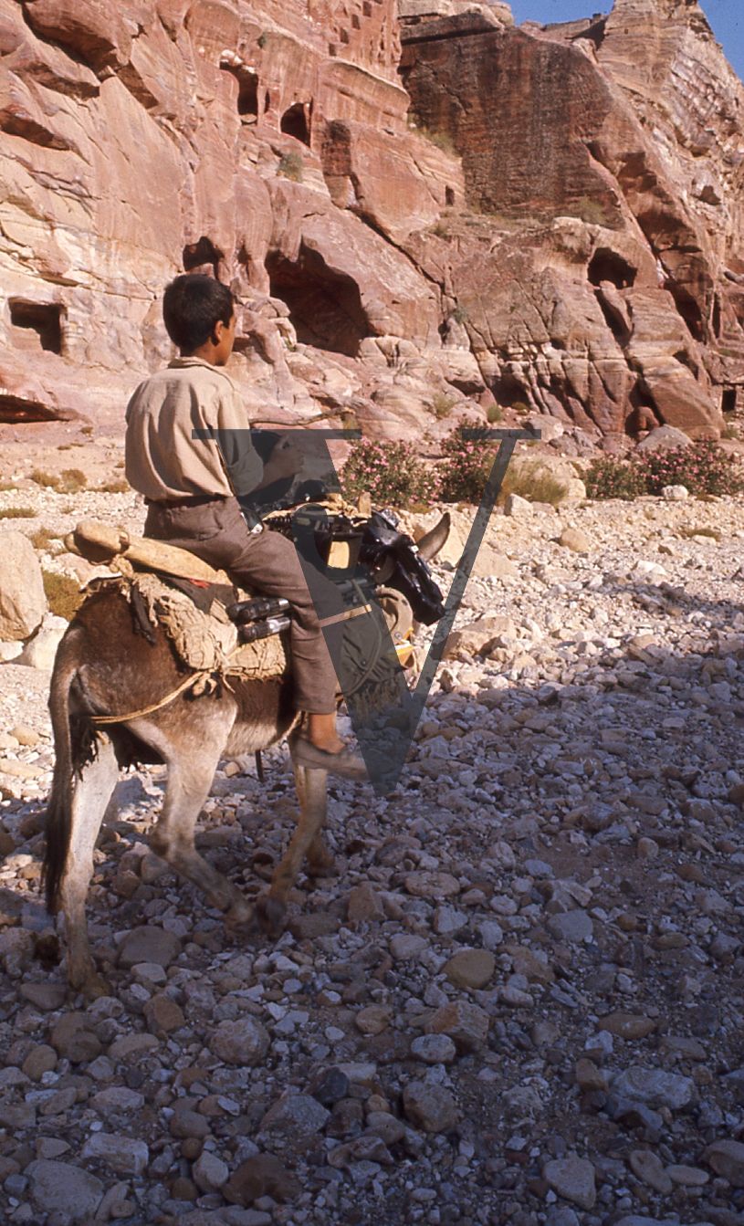 Petra, Jordan, boy sat on donkey.