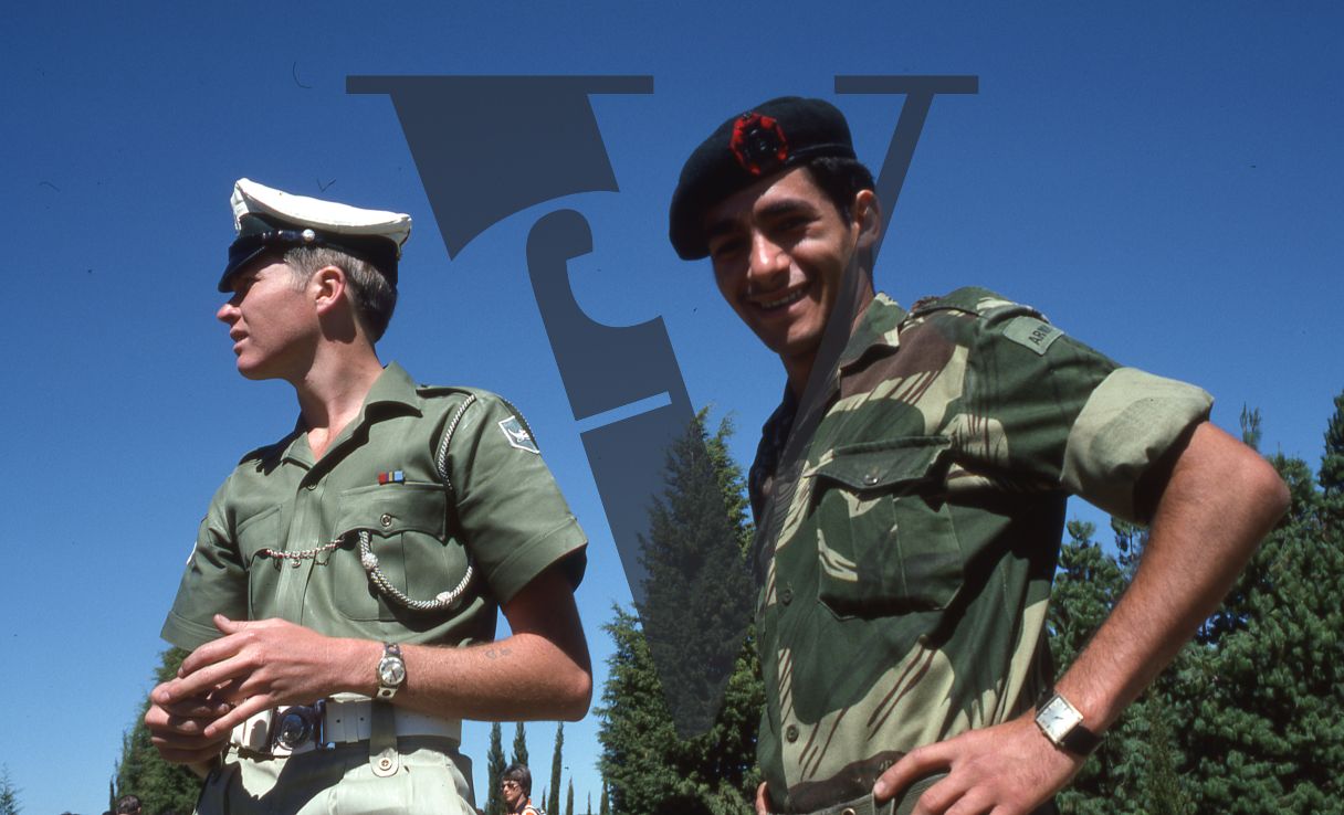 Rhodesia, Military policeman from 2 Brigade, territorial soldier from Rhodesia Regiment Battalions, smiling, mid-shot.