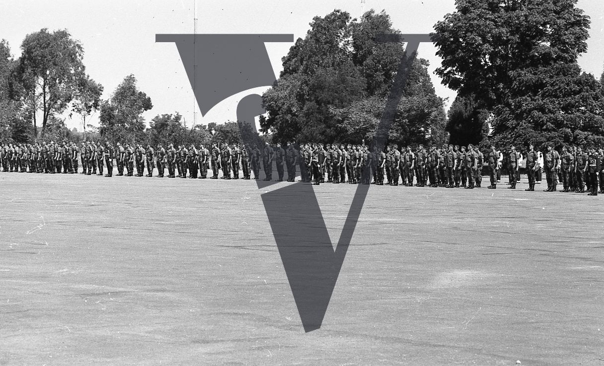 Rhodesia, Rhodesian Light Infantry, passing out ceremony, military training area, soldiers, wide shot.