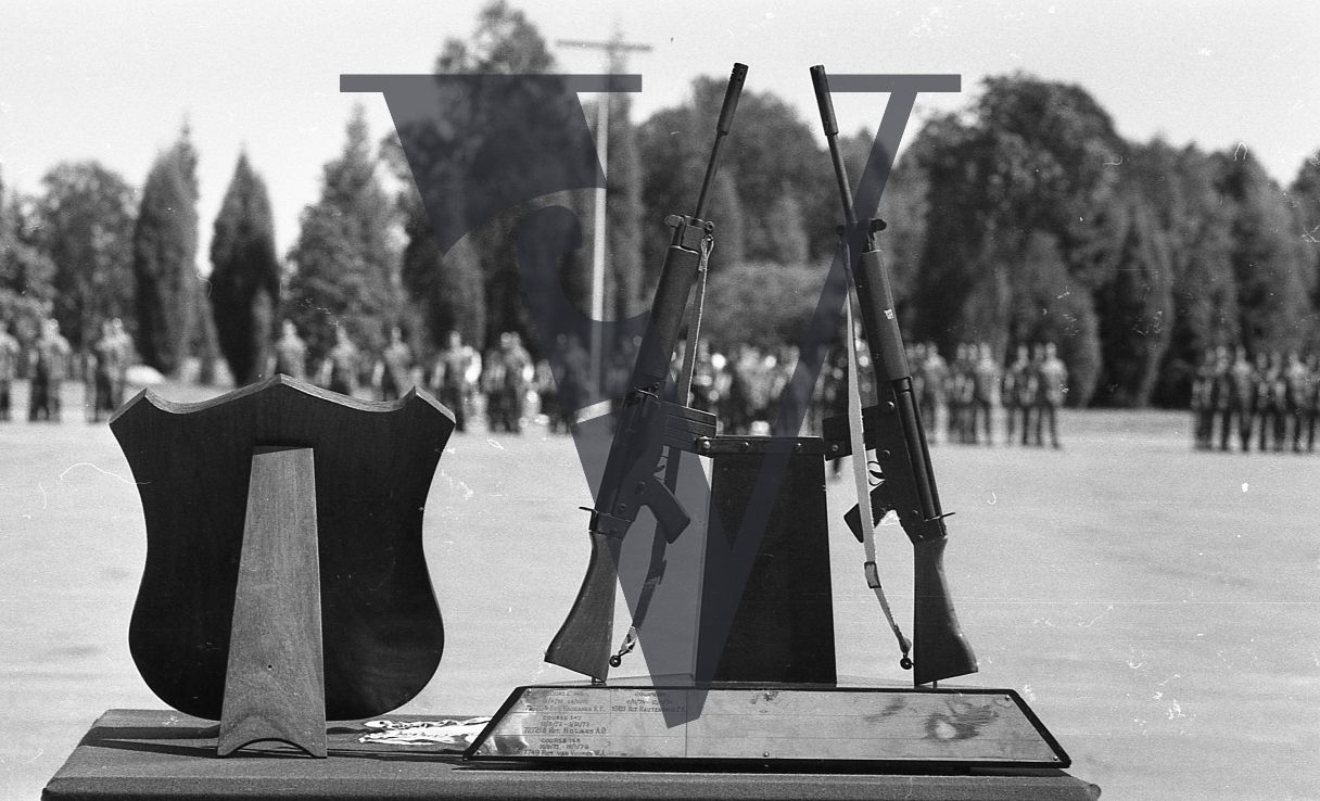 Rhodesia, Rhodesian Light Infantry, passing out ceremony, rifles on display, military display plaque.