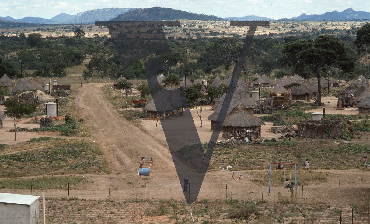 Rhodesia, “protected village”, high-angle shot.