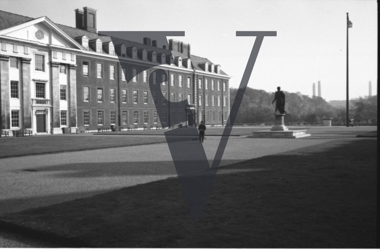 Royal Hospital, Chelsea Pensioners, wide shot exterior, man middle distance.