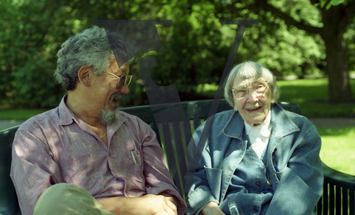 Ontario, David Suzuki with former teacher, laughing, smiling.