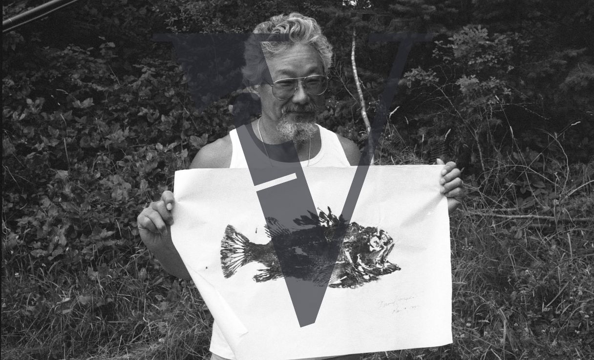 Osoyoos, Okanagan Valley, British Columbia, David Suzuki holding fish sketch.