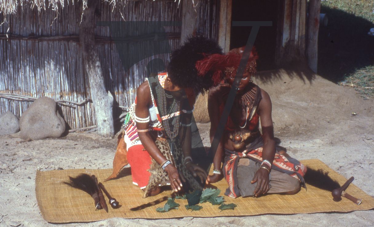 Sangoma, Zululand, Inyanga, two Sangoma with leaves on mat.