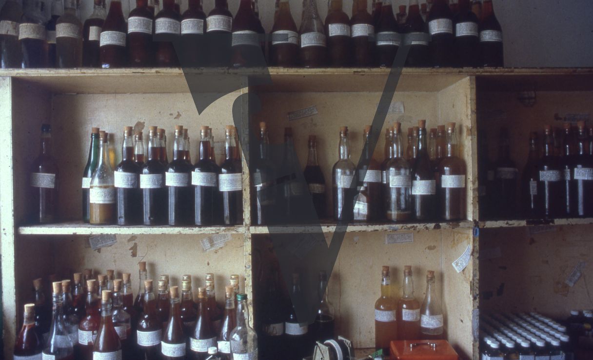 Sangoma, Zululand, Inyanga, Cele Muti store, bottle on shelves.
