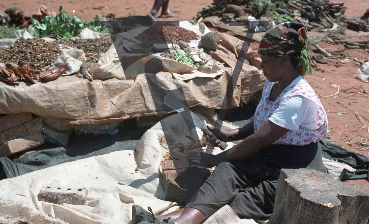 Sangoma, Zululand, Inyanga, marketplace, seller chopping plants.