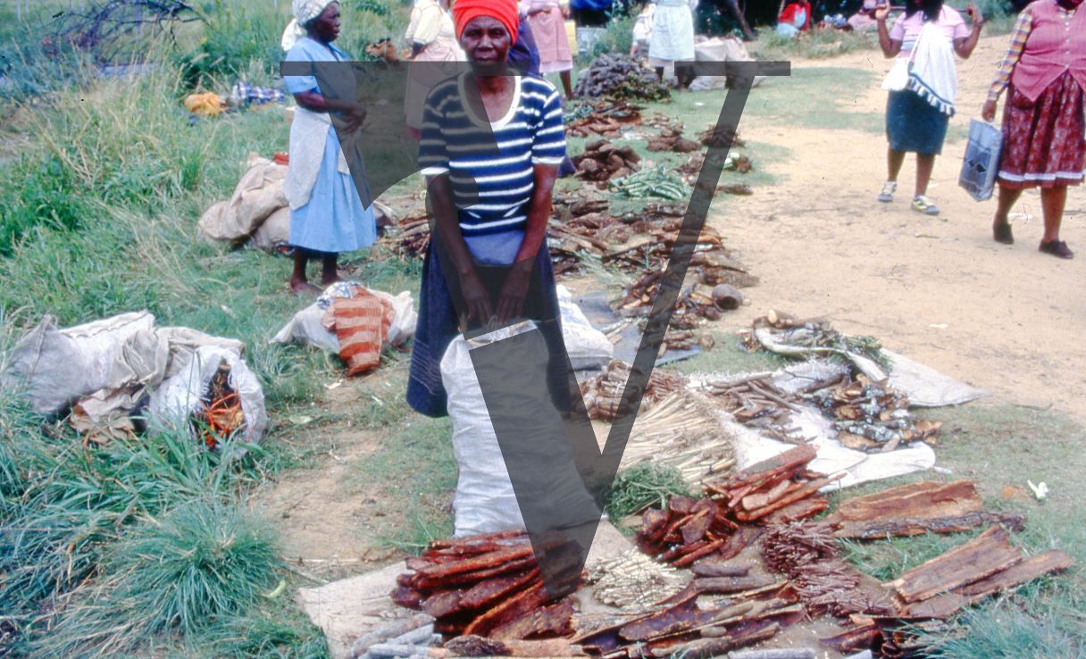 Sangoma, Zululand, Inyanga, Muti marketplace, sellers, woman holds up medicine.