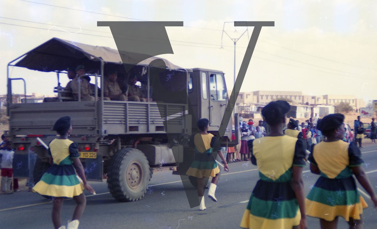 South Africa, ANC parade, women, uniform, military vehicle, soldiers, road.