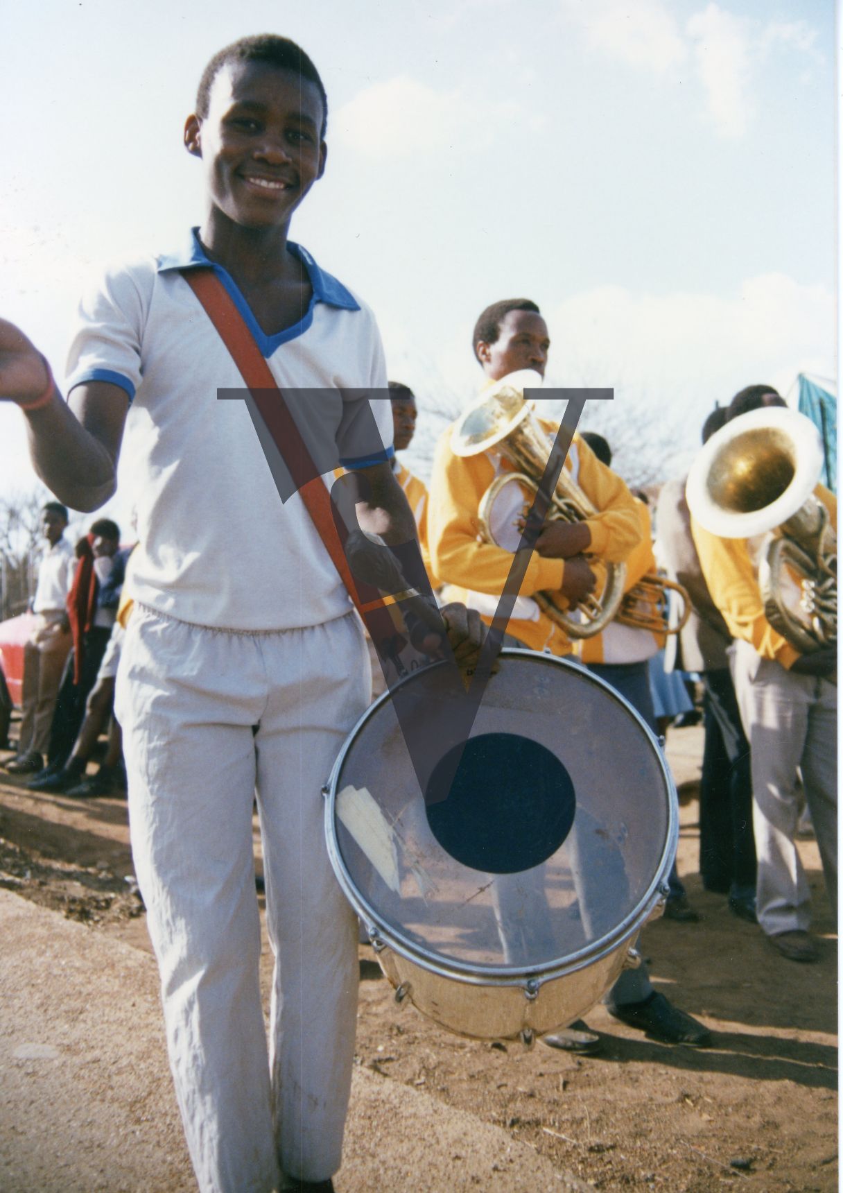 South Africa, marching band, drummer, boy, portrait, mid-shot.