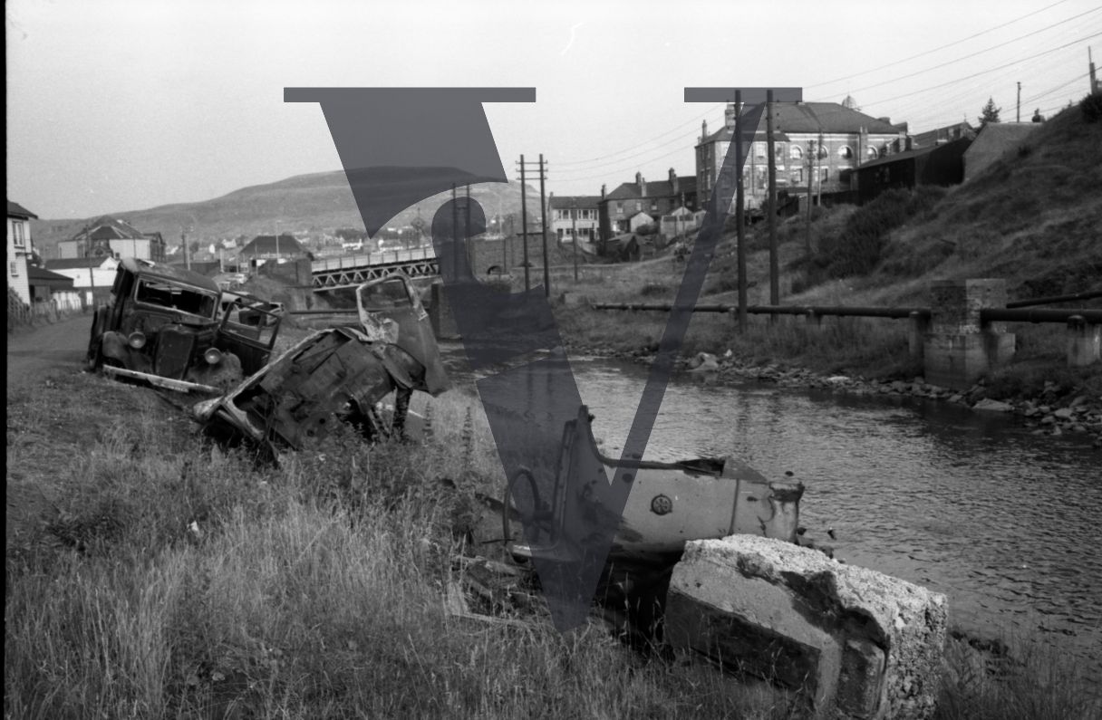 Tonypandy, Wales, Mining Community, river, Rhondda Valley, burnt-out cars.