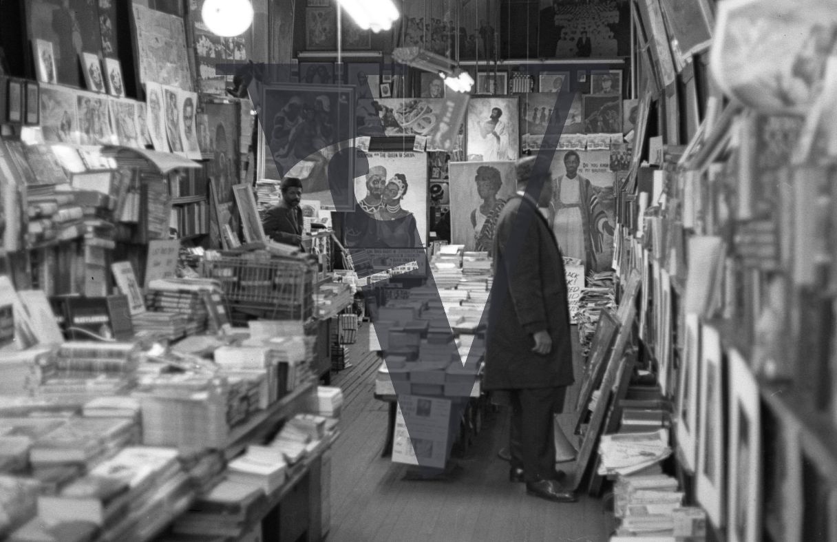 Lewis Michaux, African National Memorial Bookstore in Harlem, shop portrait, wide.