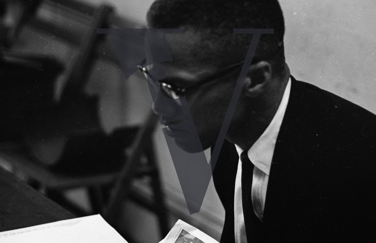 Malcolm X, portrait, close.