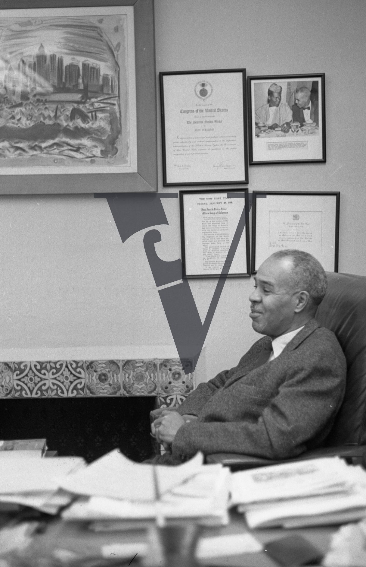 Roy Wilkins, leader, National Association for the Advancement of Colored People, NAACP, portrait, office, side.